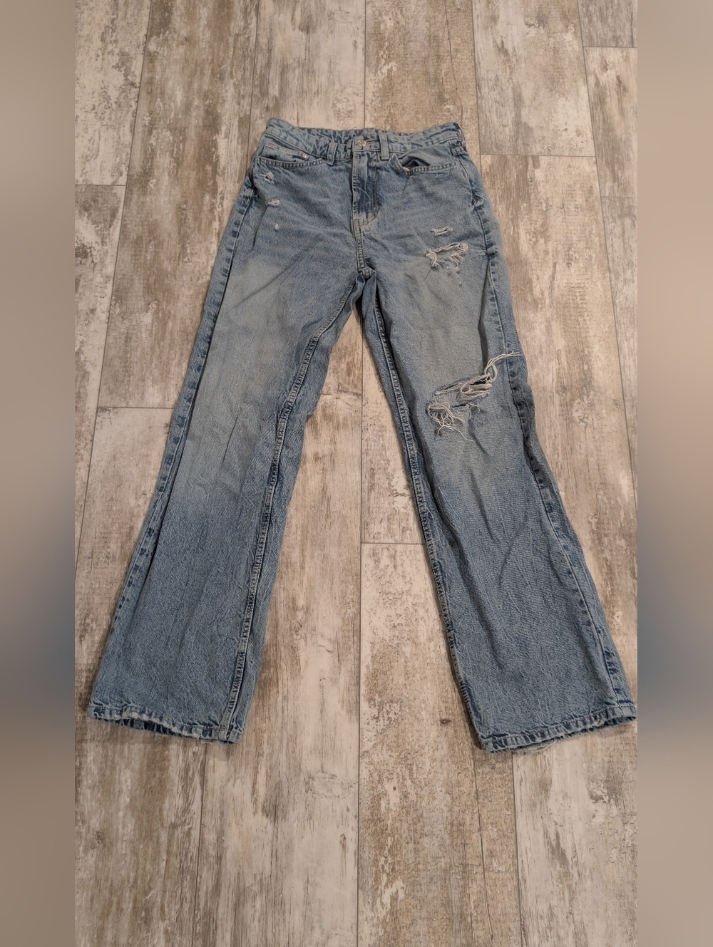 Wide ultra High Waist  Blue Distressed Flare Jeans - Women's Wide Leg